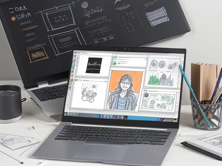 Ein Notizbuch mit Sketchnotes zu IT-Themen vor einem Laptop während einer Videokonferenz.