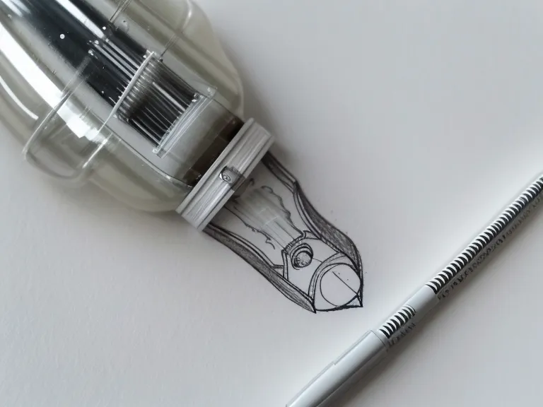 Nahaufnahme eines 0.5 mm Fineliners, der ein einfaches Glühbirnen-Symbol in ein Notizbuch zeichnet.